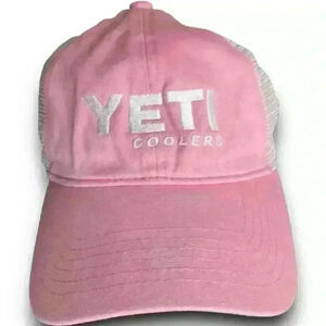 Pink Yeti Coolers Mesh Trucker Snapback Hat Adjustable‎ Distressed White Logo